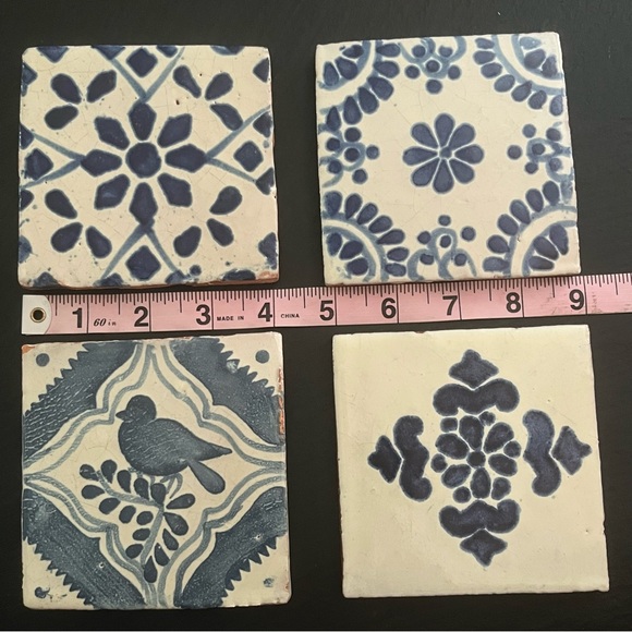 Mexican Hand Painted Terra-Cotta Talavera Vintage Tiles Set of 4 - Picture 10 of 16